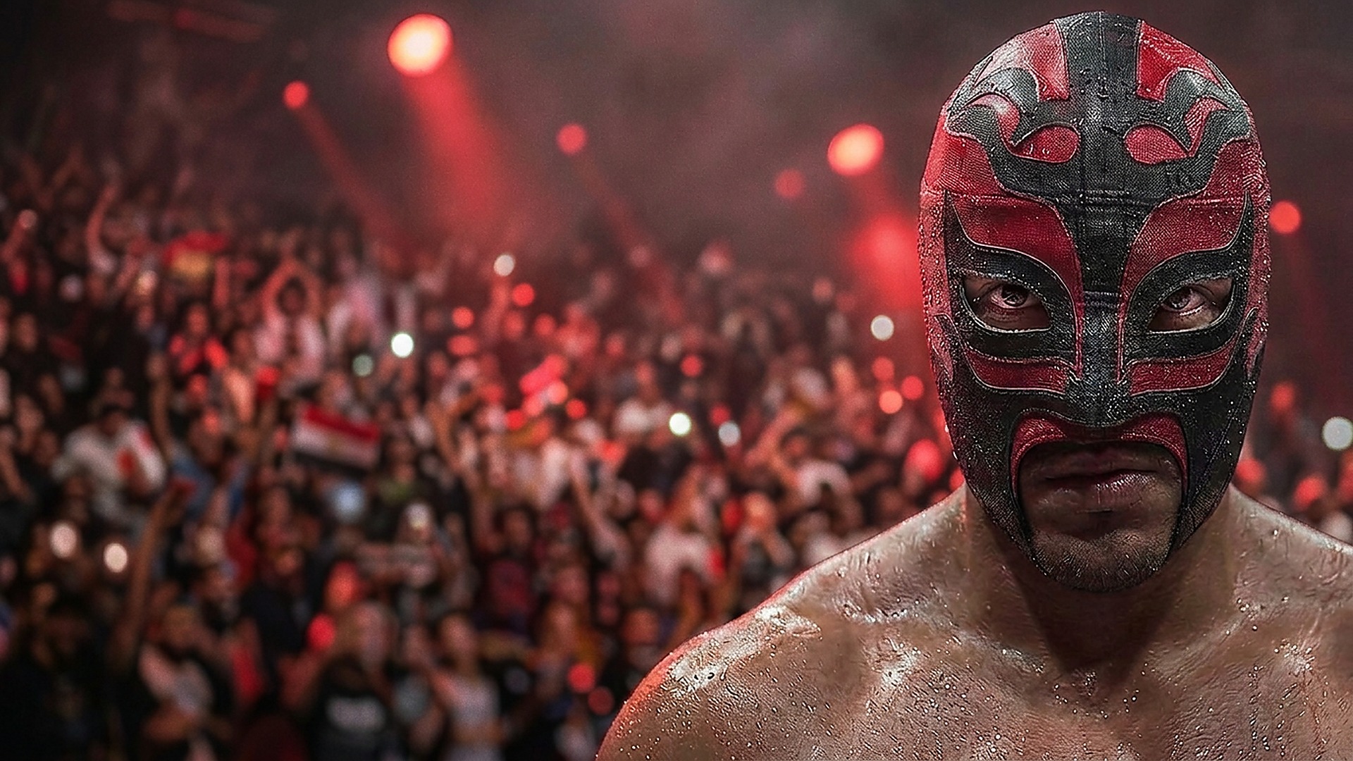 A masked wrestler with both eyes visible under red arena lights